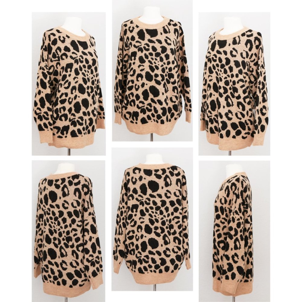 Camel Beige Leopard Crewneck Oversize Cozy Sweater - Picture 7 of 8